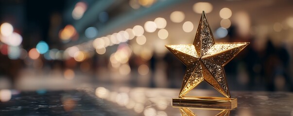 Close-up of a golden star trophy on a reflective surface with blurred background, concept for achievement recognition, celebrating success and career excellence