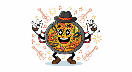 Cartoon Paella Pan Character Dancing with a Sombrero.