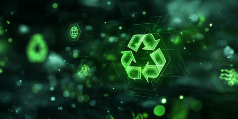 Abstract green recycling symbol with glowing hexagonal shapes on dark background. Concept for sustainable development, environmental awareness and waste management