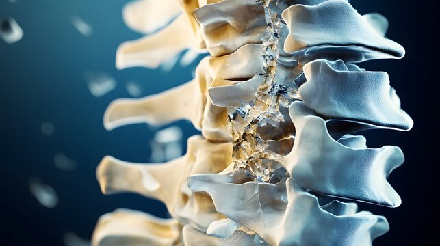 Detailed close up of porous vertebra structure with visible bone damage texture in clinical medical theme. Medical concept