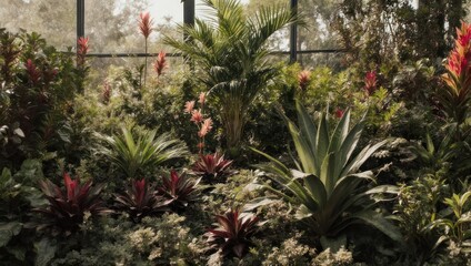 Lush tropical plants fill a greenhouse