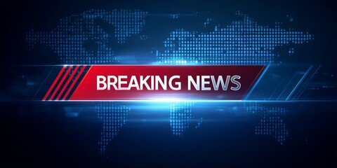 Breaking News displayed on a digital world map background with glowing effects and red banner, concept for broadcast media, global communication and journalism