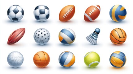 Fifteen assorted sports balls, including soccer, football, volleyball, basketball, golf and badminton