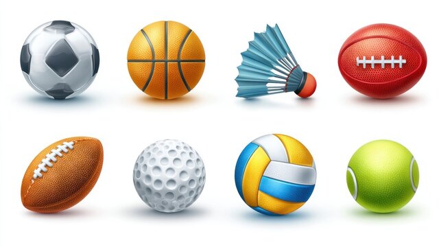 Sporting goods soccer, basketball, badminton shuttlecock, American football, golf, tennis, and volleyball