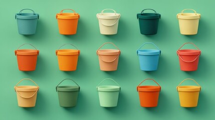 Fifteen small, identical buckets in a variety of vibrant colors are arranged in a grid against a teal background, creating a playful pattern