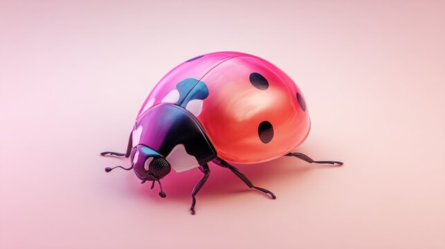 A glossy, detailed ladybug, mainly red with black spots, rests on a pale pink gradient. The insect has reflective, metallic-like components - Powered by Adobe