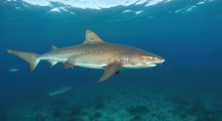 Fototapeta premium Gray shark swimming in clear blue water over coral reef