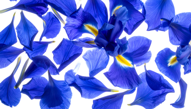 A close-up, top-down view of scattered vibrant blue iris petals with yellow centers on a white background, creating an abstract floral pattern
