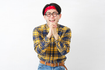 Fototapeta premium アキバ系の男性 懇願する 白背景 カメラ目線