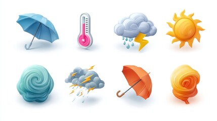 Weather icons showing sun, rain, umbrella, tornado, thermometer, clouds, and lightning