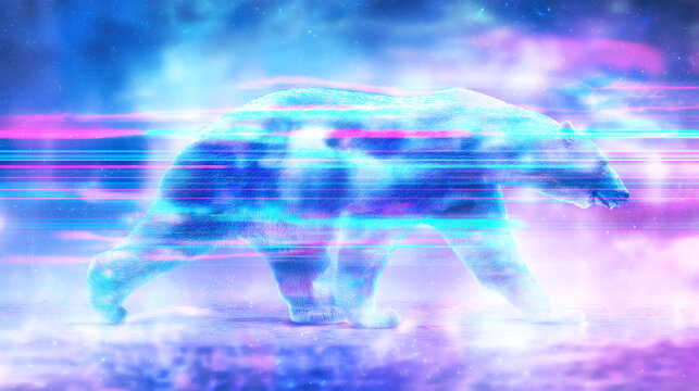 Neon Glitch Polar Bear with Light Trails
