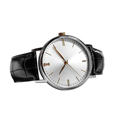 Classic silver watch with black leather strap on black background