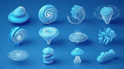 12 futuristic, blue, abstract geometric shapes in various forms spiraling, floating, and wireframe designs on a blue surface
