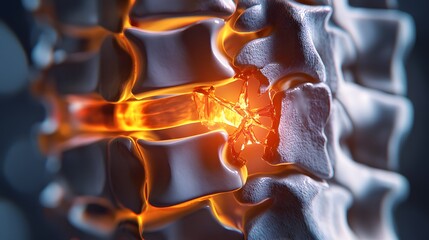 Close up view of vertebra segment with highlighted spinal damage area in detailed medical illustration theme. Medical concept