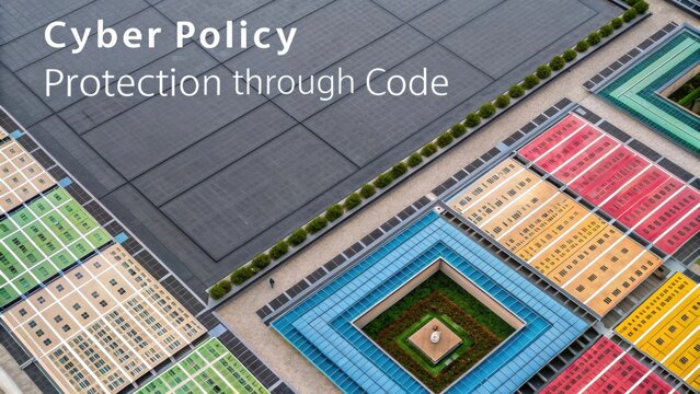 Aerial View of Colorful Urban Landscape with Geometric Patterns and Text Overlay on Cyber Policy Protection through Code