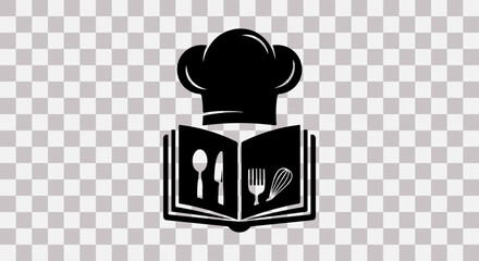 Black silhouette of a chef hat topping an open cookbook with utensils