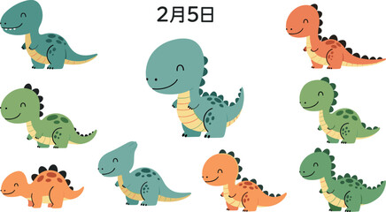 Cute cartoon dinosaur characters set featuring happy green and orange reptiles for kids education, nursery decoration and baby shower vector illustration on white background