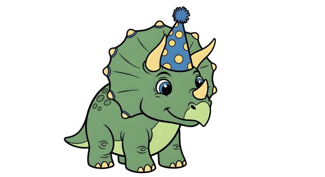Cute Cartoon Triceratops Dinosaur with Party Hat perfect for children's party invitations, birthday cards, nursery decor, website graphics, t-shirt - Powered by Adobe