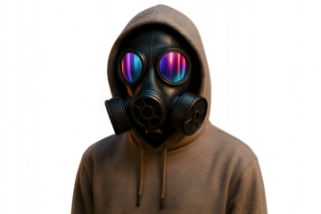 Urban Street Style Gas Mask with Neon Reflections – Trendy Hoodie Fashion Look
