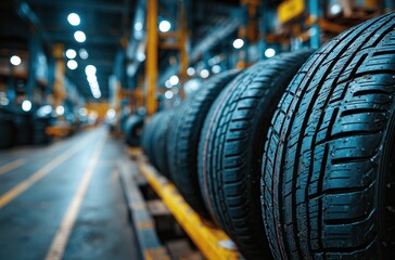 Close-Up View of New Car Tires Stored in a Tire Warehouse with Blurred Background