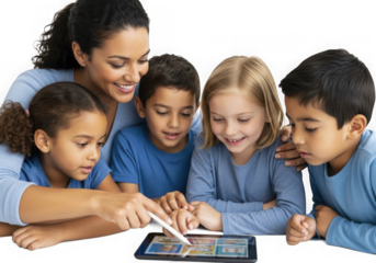 Teacher and diverse group of children learning together on a tablet isolated on transparent background