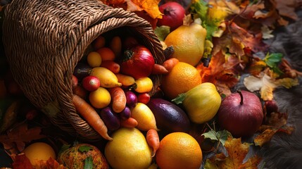 Abundant fall harvest spilling from a woven basket with colorful produce