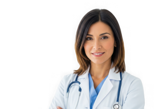 Smiling female doctor wearing a white lab coat and stethoscope isolated on transparent background