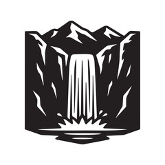 Silhouette vector illustration of a waterfall flowing down from rocky cliffs with mountain peaks in the background, isolated black nature landscape icon.
