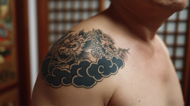 Detailed Close-up of a Traditional Japanese Tattoo Depicting a Lion and Clouds on a Shoulder