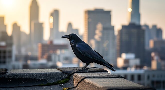A black crow perched on a rooftop with a blurred city skyline in the background at sunset.