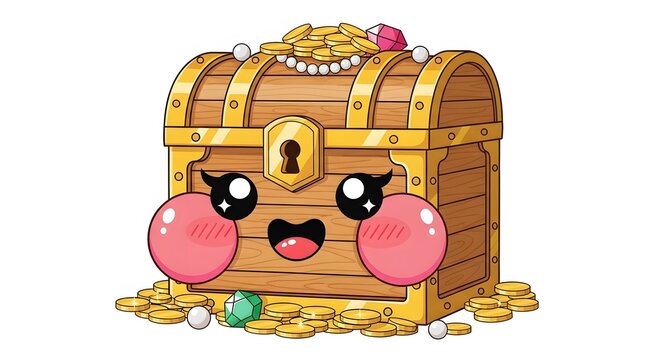 Cute Cartoon Treasure Chest with Gold Coins and Gems perfect for game asset, sticker, icon, children's book illustration, website graphic, app design,