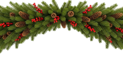 A Lush Christmas Garland Border of Green Fir Branches Decorated with Natural Pine Cones and Red Berries, Isolated Against a Transparent Background