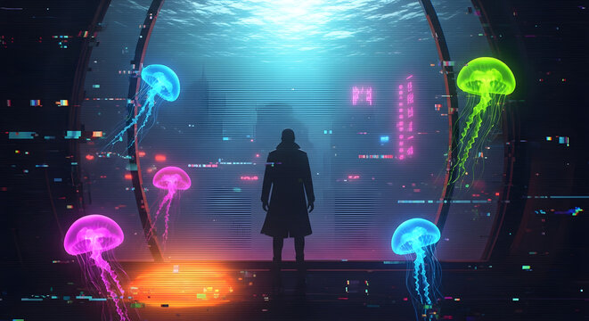 A lone figure stands before a large aquarium filled with glowing jellyfish and a futuristic cityscape visible through the water.