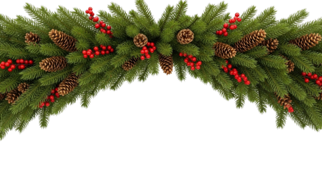 A Lush Christmas Garland Border of Green Fir Branches Decorated with Natural Pine Cones and Red Berries, Isolated Against a Transparent Background
