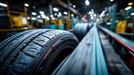 Obraz premium Close-Up View of Manufacturing Process with Tire on Conveyor Belt in Industrial Setting