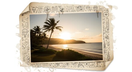 Tropical Beach Sunset with Vintage Travel Doodle Frame perfect for Travel blogs, vacation advertisements, holiday brochures, website banner, social