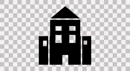 Simple black silhouette of a tall building with a pitched roof