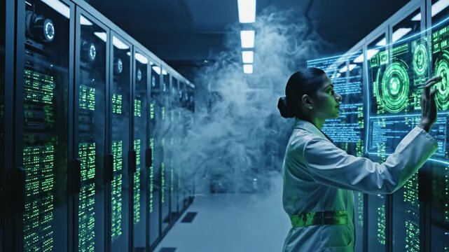 Woman in Lab Coat Interacting with Futuristic Holographic Display in Server Room. - Powered by Adobe