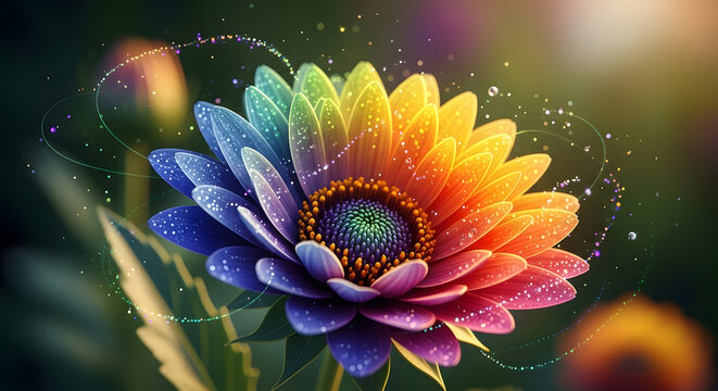 Rainbow colored flower with water droplets and magical swirls in a garden setting.