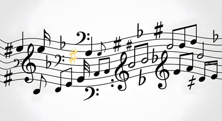Wavy Musical Staff with Black Notes and Yellow Accent perfect for Music education materials, website banner, album cover, blog illustration, concert