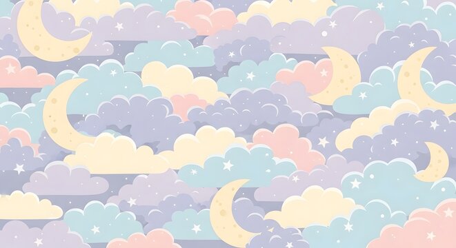 Cute Pastel Clouds and Moons Seamless Pattern perfect for nursery decor, baby shower invitations, children's apparel, fabric design, digital wallpaper