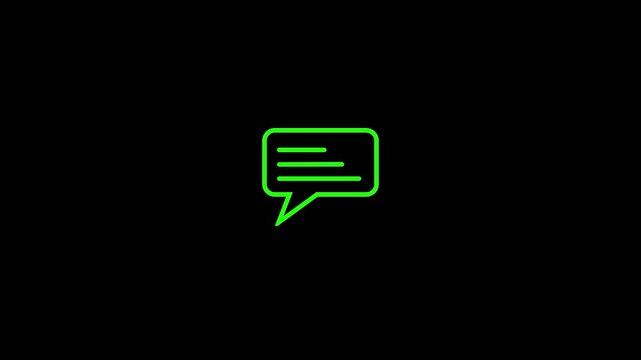 White outline of a speech bubble with lines of text on black background chat bubble message.4k video animation