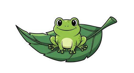 Cute Cartoon Green Frog Sitting on a Leaf Illustration perfect for children's book illustration, educational material, website graphic, t-shirt design
