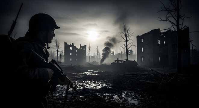 A lone soldier stands guard in a war-torn city with destroyed buildings and smoke rising in the background.