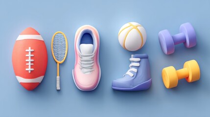 A pastel-colored 3D rendering of various sports equipment including a football, tennis racket, sneakers, basketball, and dumbbells, arranged against a light blue background