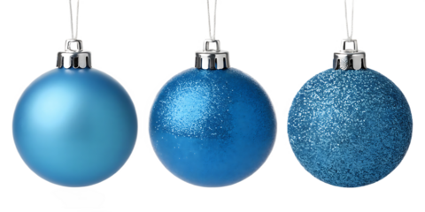 Three blue christmas ornaments with varying textures hanging against a black background in a row