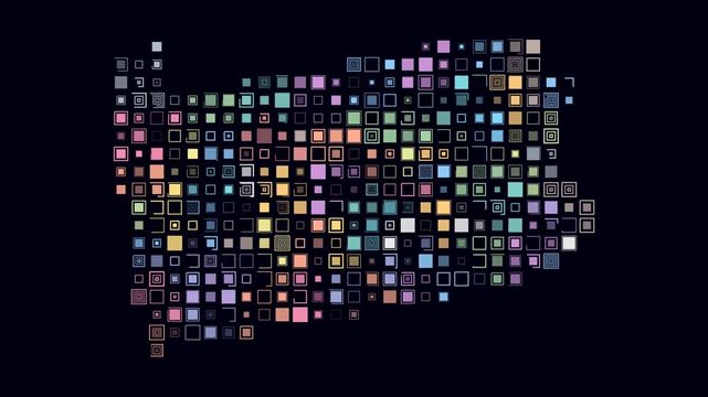 Pennsylvania animated shape. Pulsating colored dots on the map of the state. Large size square blocks. Digital style Pennsylvania map on dark background. Creative animation video.