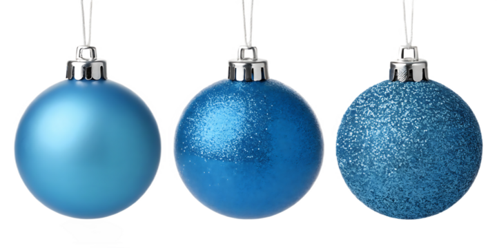 Three blue christmas ornaments with varying textures hanging against a black background in a row