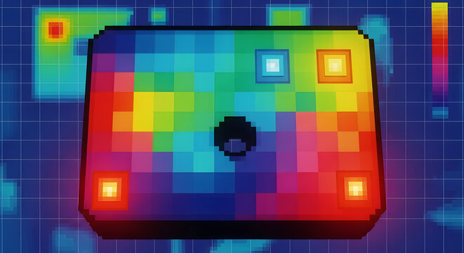 A vibrant pixelated thermal camera sensor displaying a full spectrum of colors from cool blue to hot red in a retro 8-bit digital art style