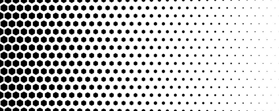 Fading hexagon gradient texture. Vanishing honeycomb pattern background. Geometric hexagonal halftone tech overlay backdrop. Black grunge halfton wallpaper. Vector retro dot texure wallpaper